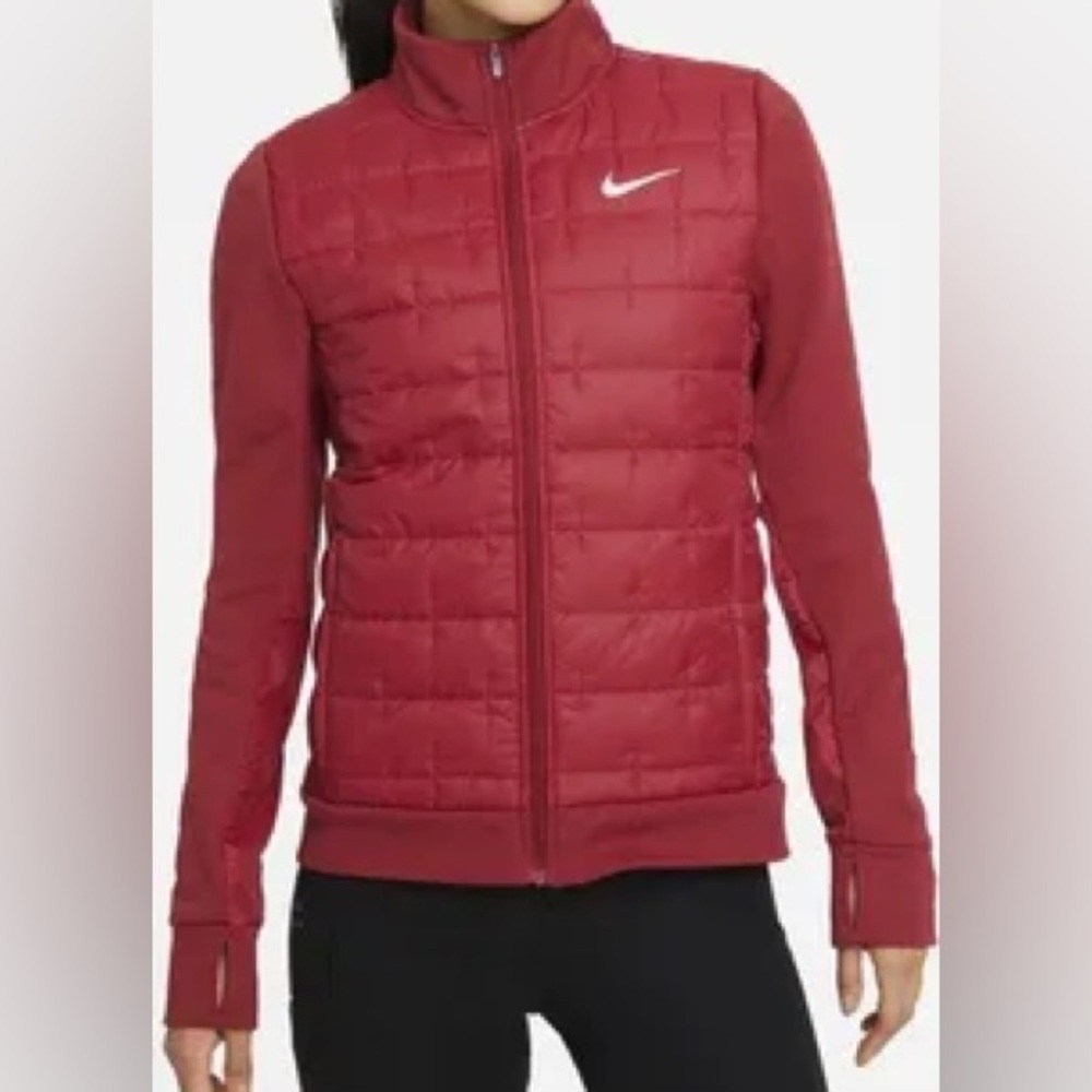 Nike Women's Red Quilted Puffer Jacket with Embroidered Swoosh